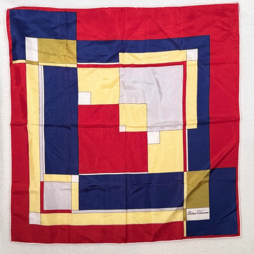 Vintage Didier Velsamo Silk Scarf Geometric Mondrian Colorblock Square Red Blue